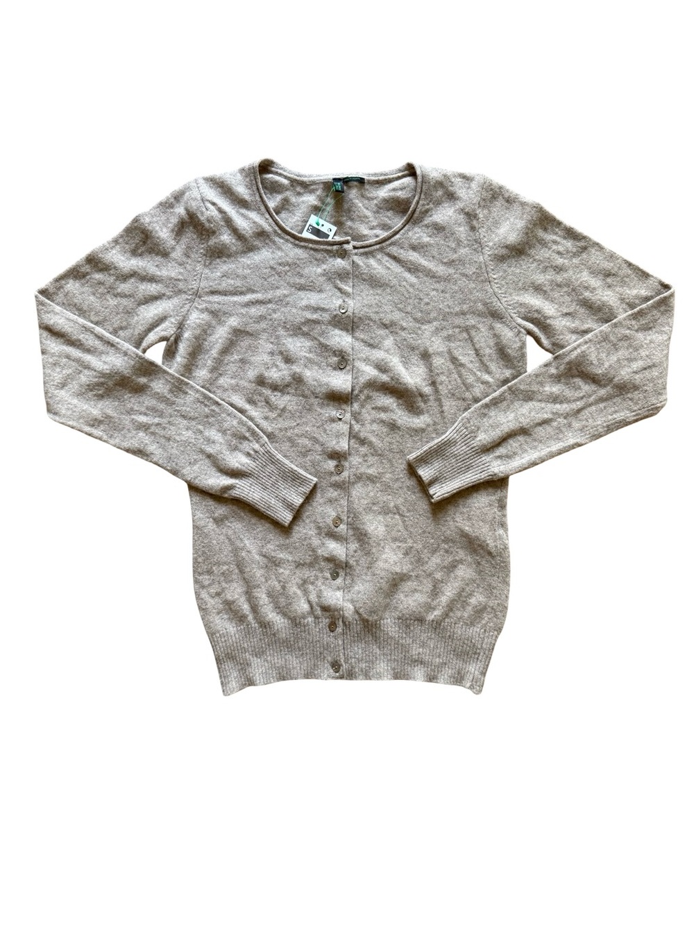 Benetton Wool Blend Cardigan Size S Oatmeal Beige Classic Crewneck lightweight